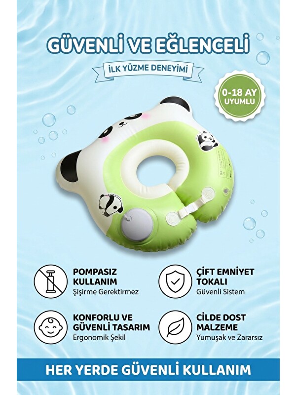 Oglo Bebek Bel Simidi Süngerli Panda Figürlü Emniyet Tokalı Pompasız Kullanım Yüzme Simidi