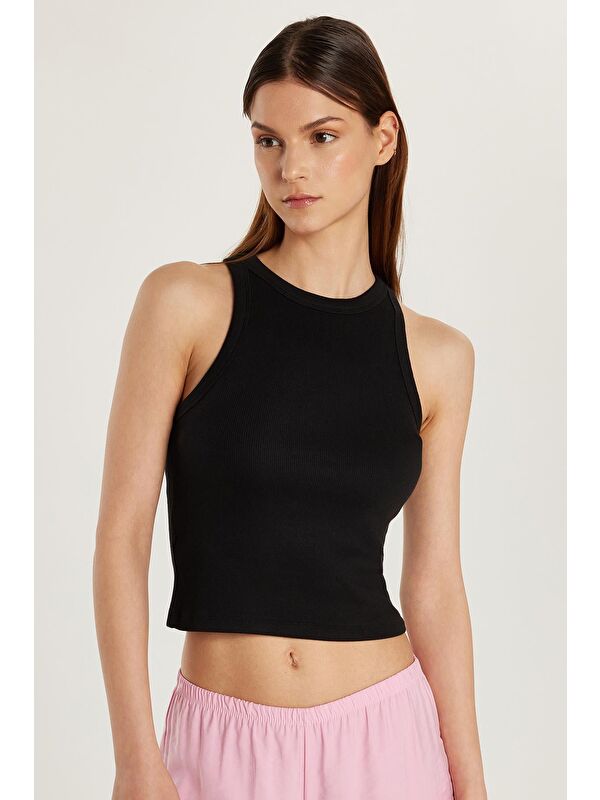 TUDORS Kadın Slim Fit Halter Yaka Modal Kumaş Siyah Body Atlet