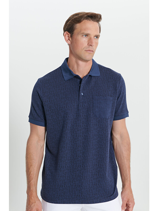 Altınyıldız Classics Erkek Lacivert Comfort Fit Rahat Kesim Polo Yaka Jakarlı Tişört