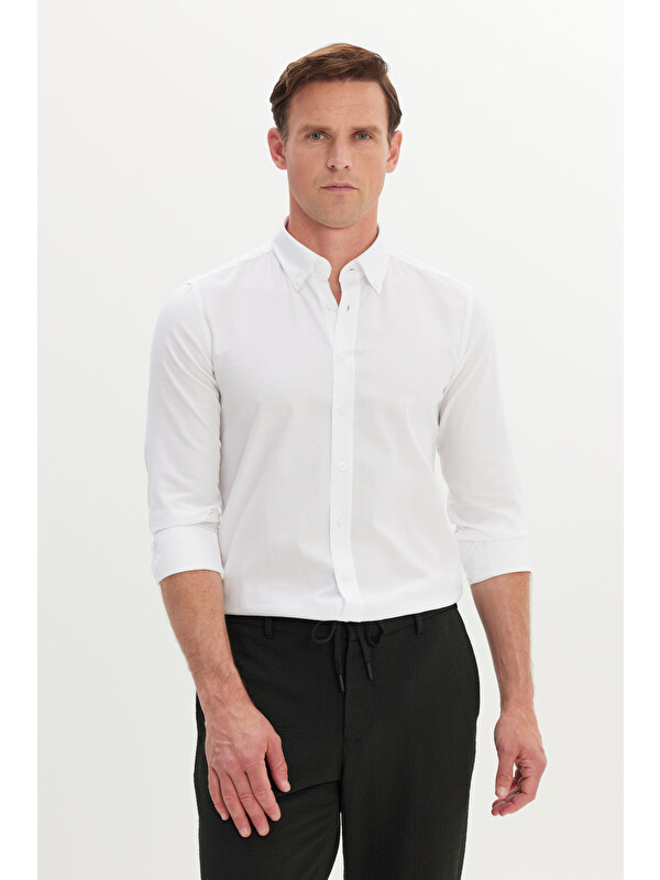 AC&Co / Altınyıldız Classics Erkek Beyaz %100 Pamuk Slim Fit Dar Kesim Düğmeli Yaka Oxford Gömlek