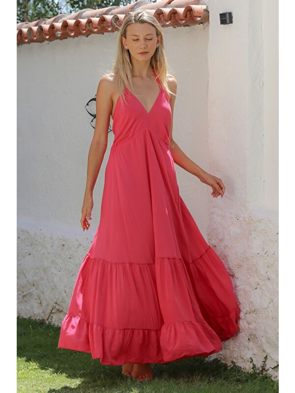 Chiccy Koyu Pembe V Yaka Askılı Eteği Fırfırlı Dokuma Casual Elbise