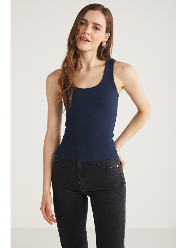ETHIQUET LILLESOL Kadın Fitilli Görünümlü Slim Fit Vücuda Oturan Havuz Yakalı Pamuklu Basic LACİVERT Atlet