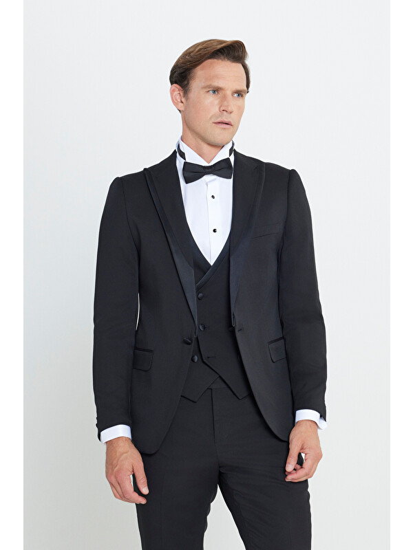 Altınyıldız Classics Erkek Siyah Ekstra Slim Fit Dar Kesim Mono Yaka Desenli Smokin Takım