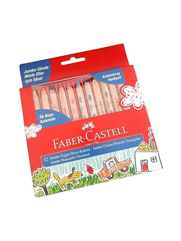 Faber-Castell Jumbo Üçgen Kuru Boya Kalemi 12 Renk Karton Kutu 1 Adet İlk Boya Kalemim Kalemtıraş Hediyeli