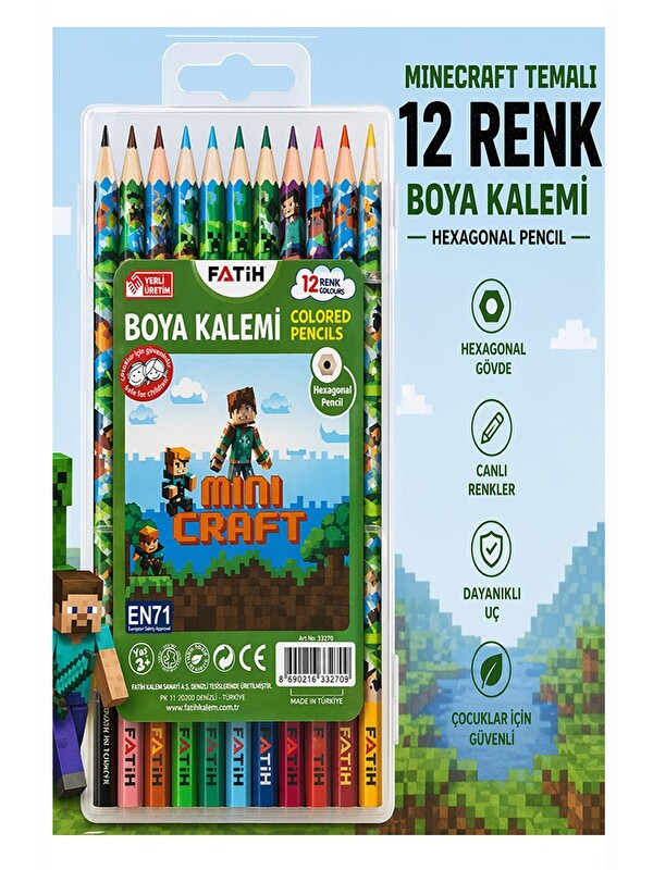 artmaster 12 li Kuru Boya Kalemi Plastik Kutu 1 Paket Fatih Mini Craft Figürlü 12 Renk Kuruboya Tam Boy Renkli