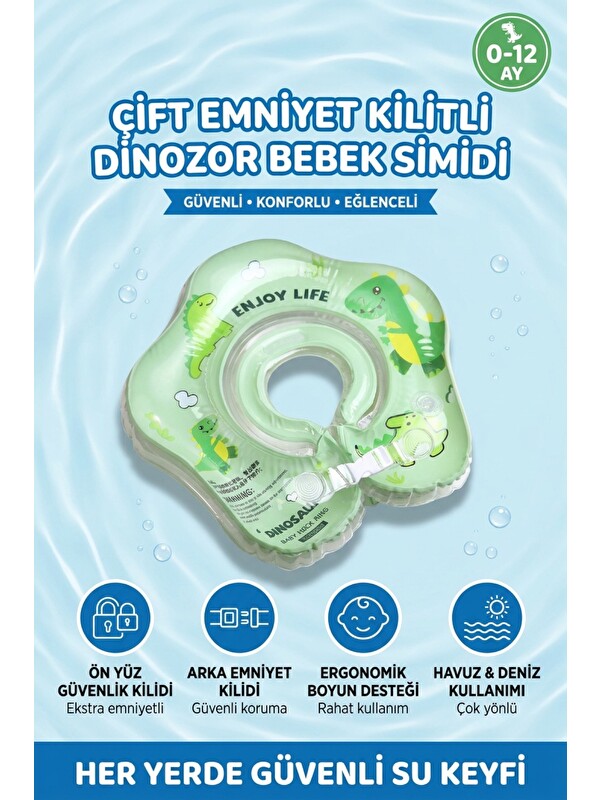 Oglo Bebek Boyun Simidi Şişmeli Dinozor Temalı Çift Emniyet Kilitli Anti-Panik 0-12 Ay Yeşil Yüzme Simidi
