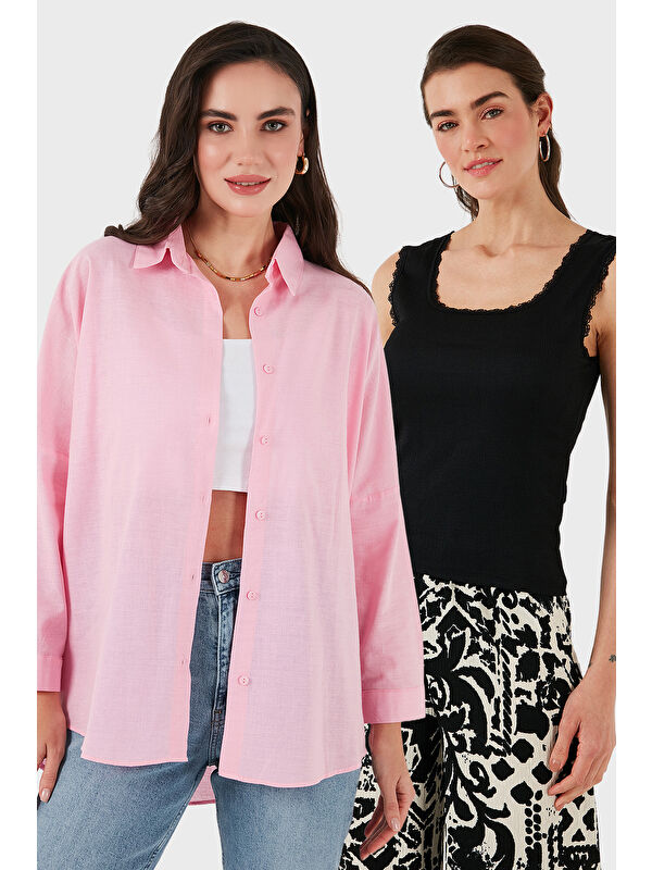 Lela Streç Pamuklu Oversize Fit 2' li Paket Gömlek-Atlet Set 67810014979S2