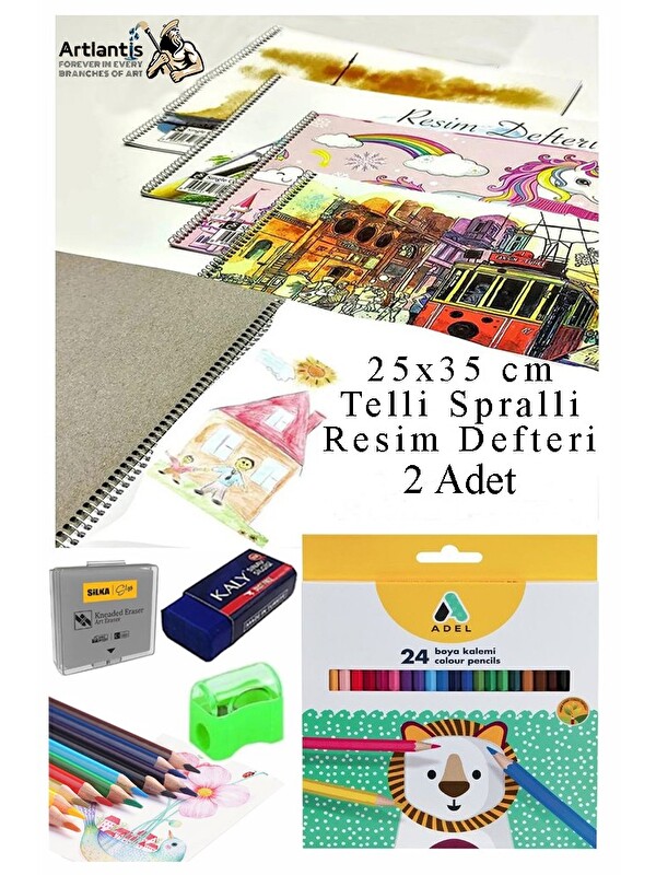 Artlantis 24 Renk Kuru Boya Adel 25x35 cm Telli Spralli Resim Defteri Hamur Silgi Kalemtraş 15 Yaprak Resim De