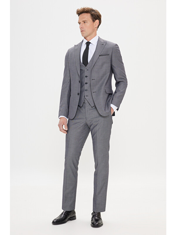 Altınyıldız Classics Erkek Gri-Siyah Slim Fit Kırlangıç Yaka Desenli Yelekli Takım Elbise