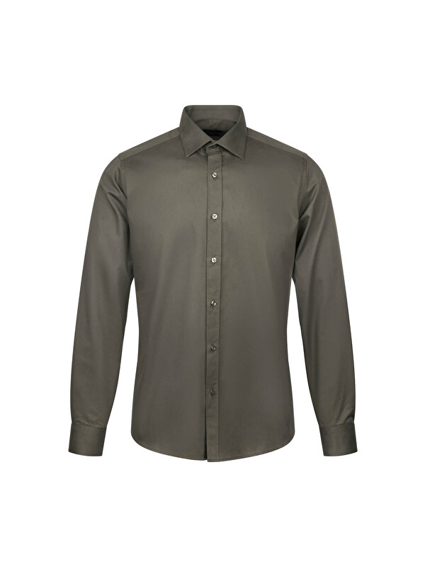 Hatemoğlu Haki Slim Fit Slim Yaka 100% Pamuk Uzun Kollu Flanel Gömlek