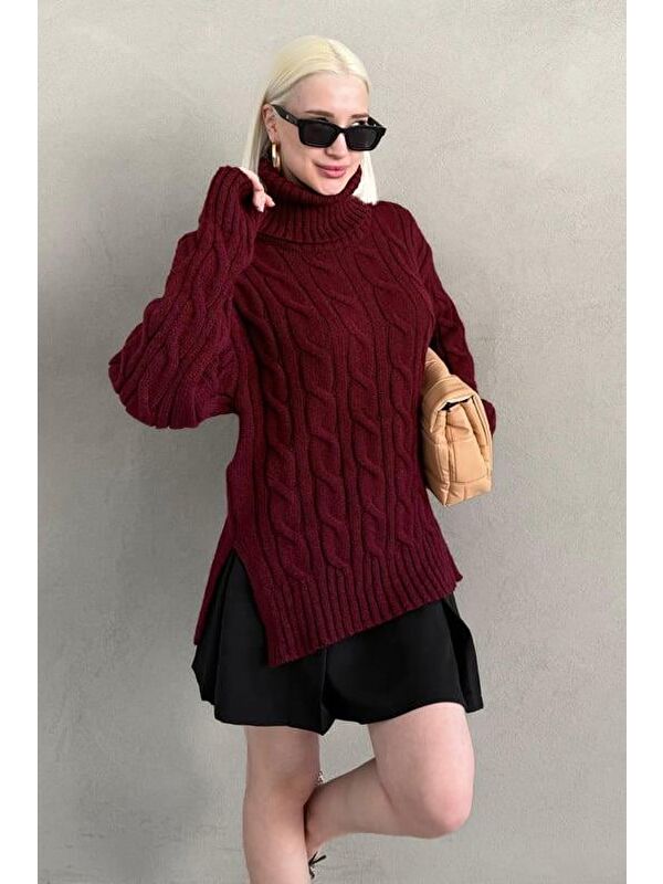 Madmext Bordo Boğazlı Triko Kazak Mg2376