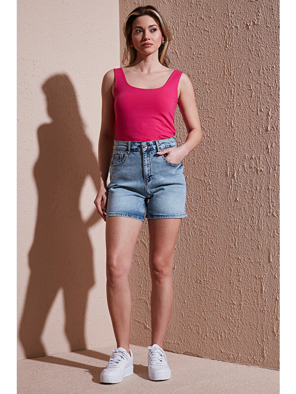 Fashion Friends Streç Pamuklu Mom Fit Yüksek Bel Mini Kadın Jean Short 25Y0188K1