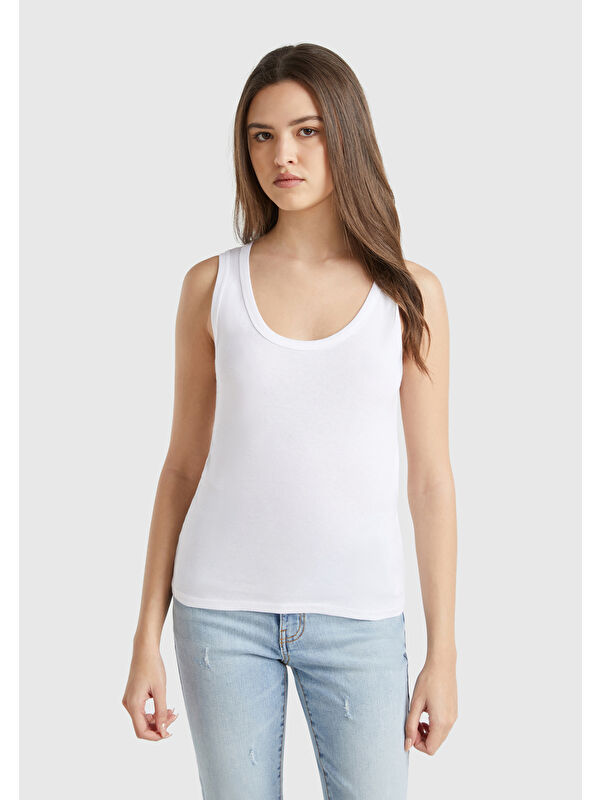 United Colors Of Benetton Kadın Beyaz %100 Pamuk Ucu Logo İşlemeli Slim Fit Yuvarlak Yaka Atlet