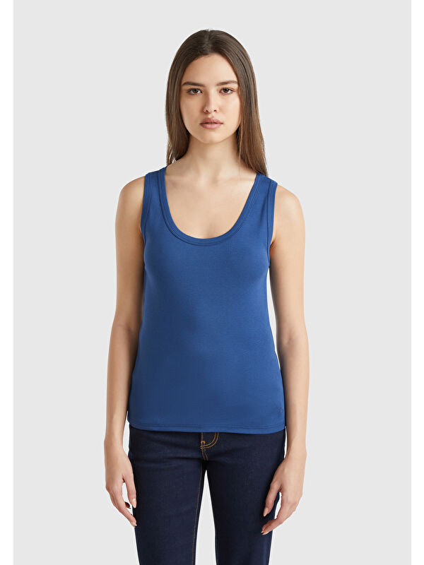 United Colors Of Benetton Kadın Denim %100 Pamuk Ucu Logo İşlemeli Slim Fit Yuvarlak Yaka Atlet