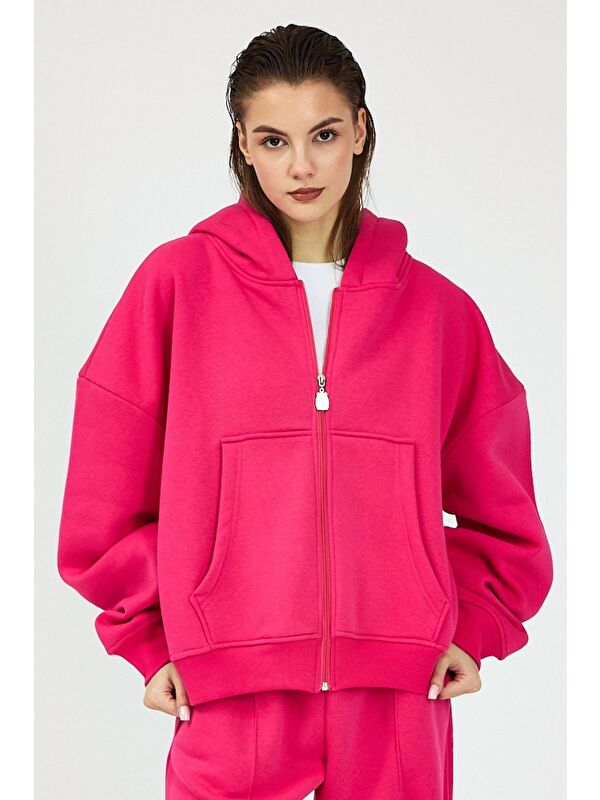 gothamVibes Kadın Chill Oversize Fuşya Fermuarlı Sweatshirt