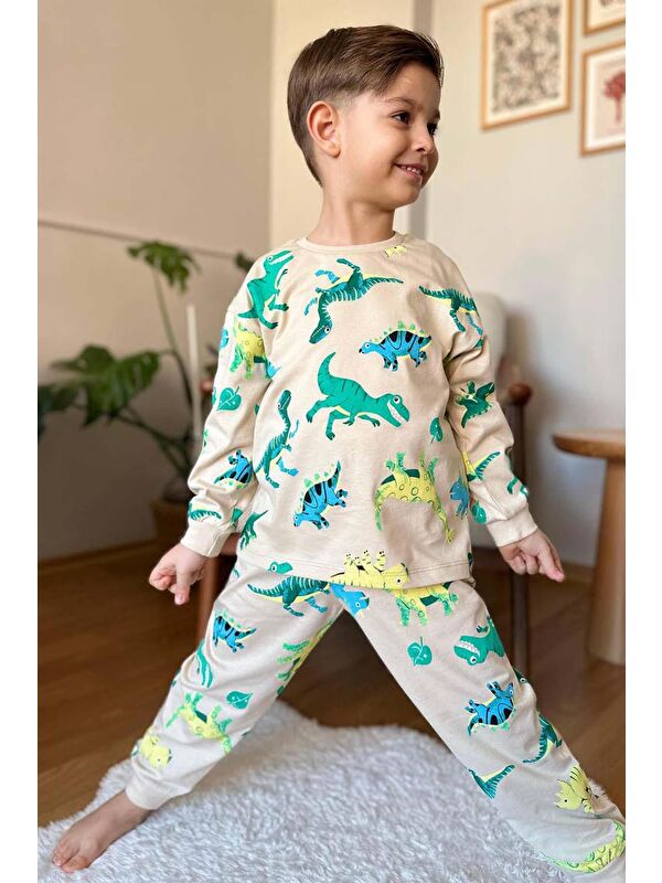 Riccotarz Erkek Çocuk Üzeri Dinozor Baskılı Bisiklet Yaka Bej Pijama Takımı