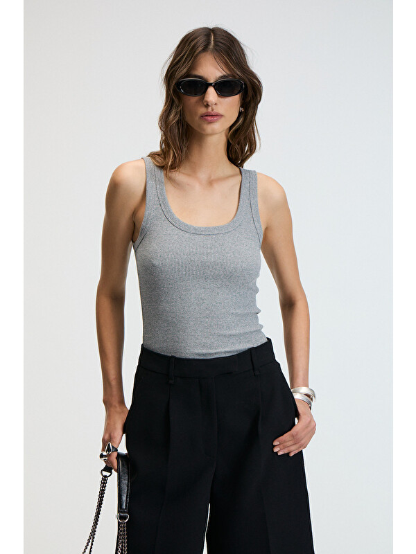 ETHIQUET LILLESOL Kadın Fitilli Görünümlü Slim Fit Vücuda Oturan Havuz Yakalı Pamuklu Basic ANTRASİT Atlet