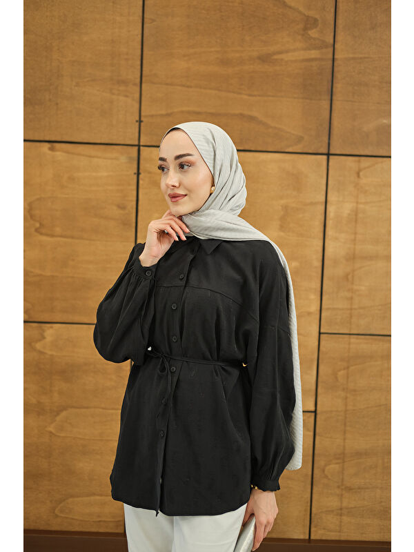 Locco Moda Kadın Etnik Desen Jakar Gömlek Siyah
