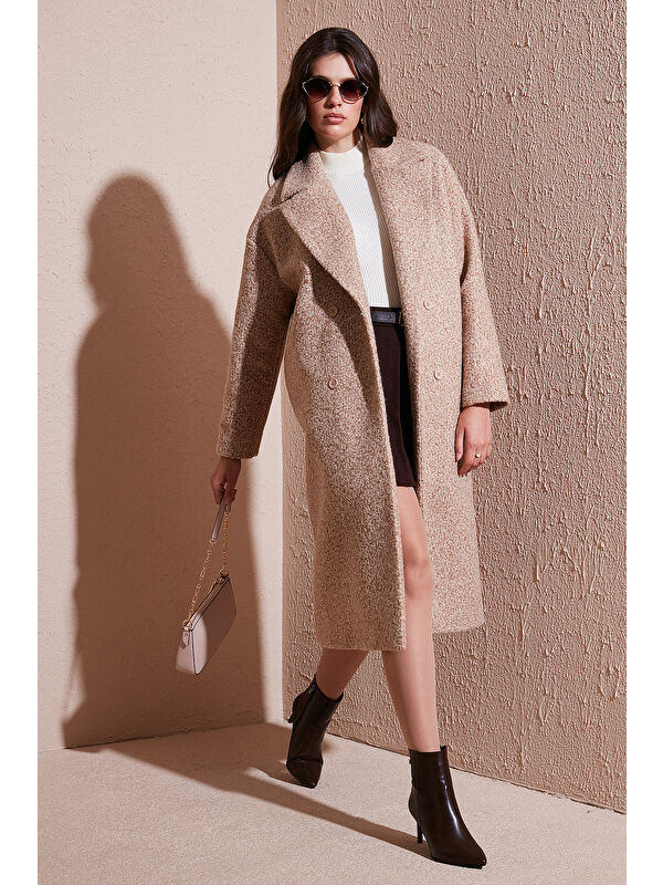 Lela Oversize Fit Mono Yaka Düğmeli Buklet Uzun Kaşe Kaban 6810236