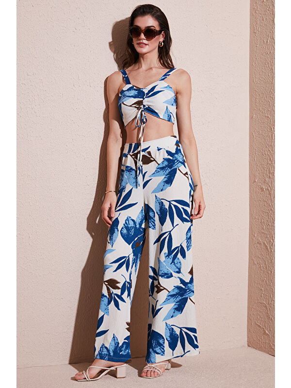 Lela Slim Fit Yüksek Bel Bol Paça Crop Üst Desenli Takım 5866120