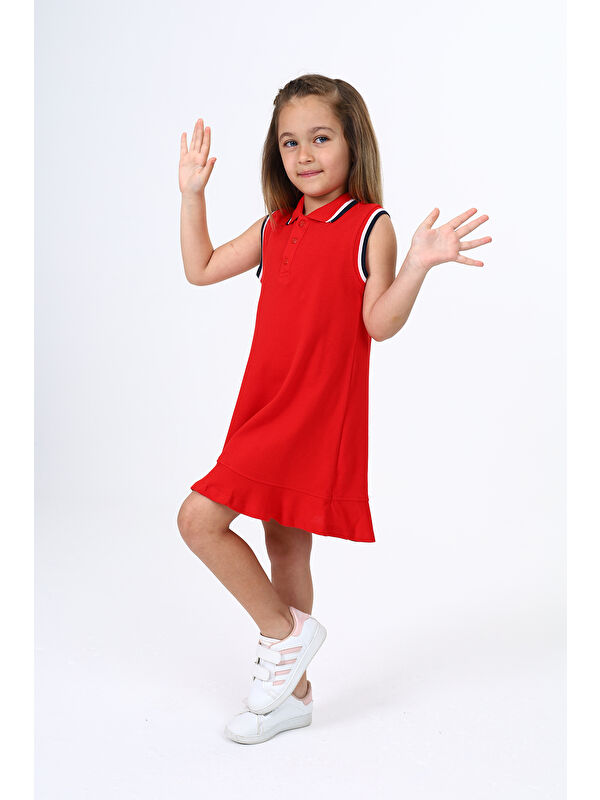 Toontoykids Kız Çocuk Relax Fit Polo Yaka Düğmeli Kolsuz Elbise