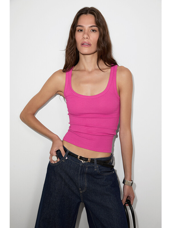 ETHIQUET LILLESOL Kadın Fitilli Görünümlü Slim Fit Vücuda Oturan Havuz Yakalı Pamuklu Basic KOYU FUŞYA Atlet