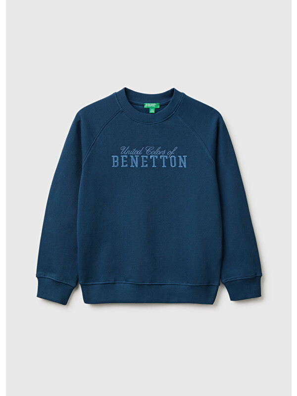 United Colors Of Benetton Erkek Çocuk Lacivert Önü İşlemeli Ribanalı Reglan Kollu Bisiklet Yaka Sweatshirt