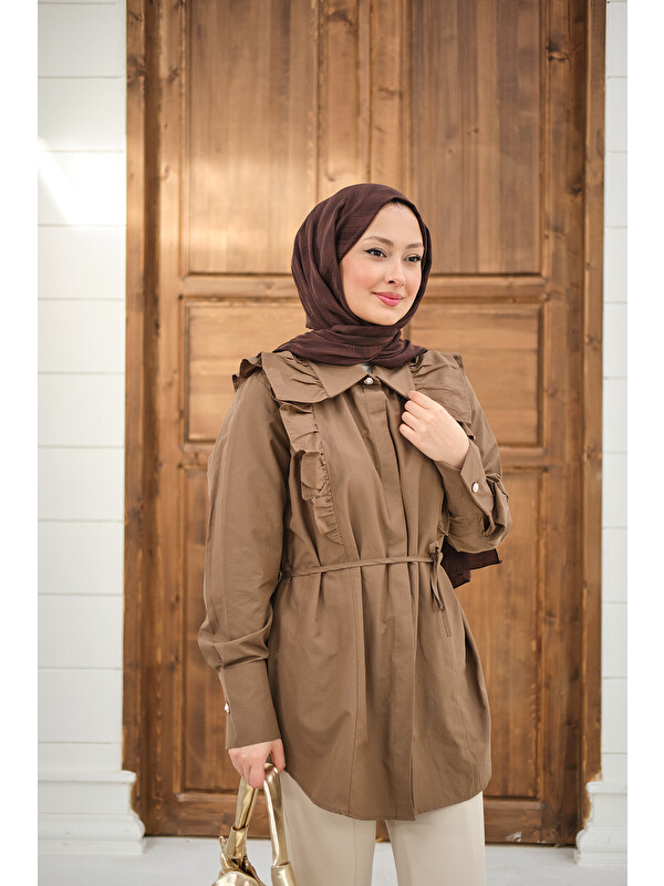 Locco Moda Kadın Yaka Büzgülü Bel Bağlamalı Poplin Gömlek Kahverengi