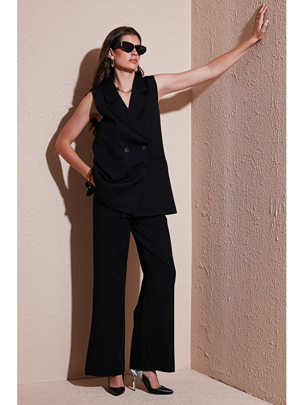 Lela Wide Leg Orta Yüksek Bel Bol Paça Kadın Kumaş Pantolon 6522974