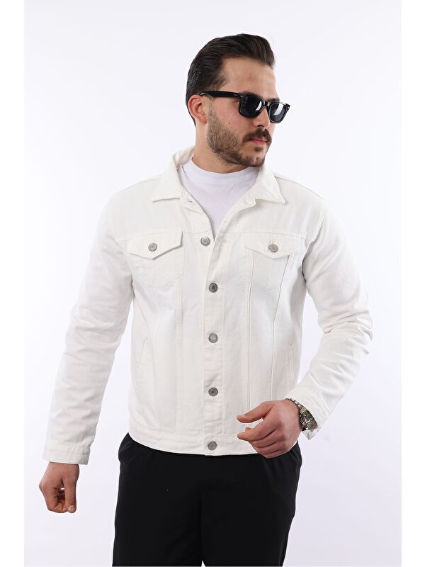 Comstar Erkek Trend Polo Yaka Slim Fit Denim Jeans Beyaz Jean Ceket