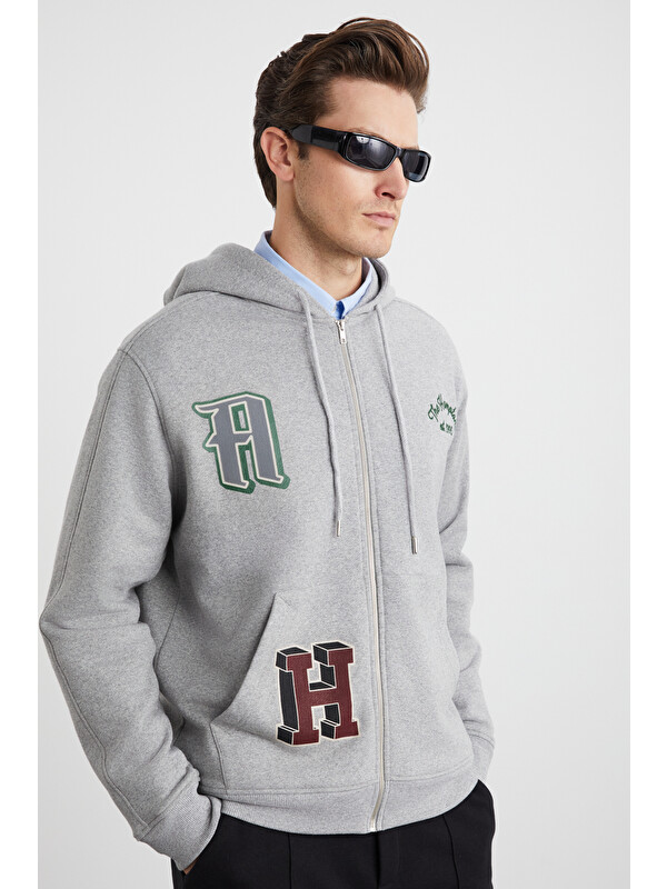 GRIMELANGE ALPHABET Erkek Pamuklu Önü Baskılı Kapüşonlu Kordon Detaylı Fermuarlı Hırka Grimelanj Sweatshirt GRİ