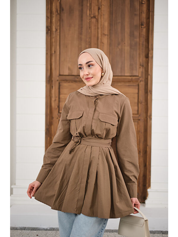 Locco Moda Kadın Çift Cep Detay Gizli Düğmeli Bel Bağlamalı Gömlek Kahverengi