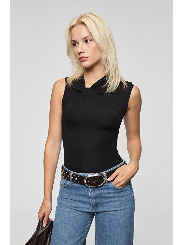GRIMELANGE ORILENNA Kadın Önü Düğüm Detaylı Vücudu Saran Sıfır Kollu Slim Fit SİYAH Bluz