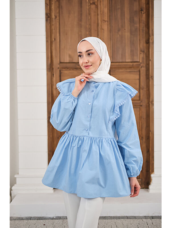 Locco Moda Kadın Bel Büzgülü Pile Detay Bisiklet Yaka Gömlek Bebe Mavi