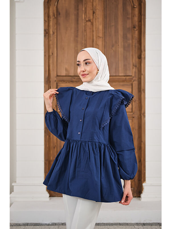 Locco Moda Kadın Bel Büzgülü Pile Detay Bisiklet Yaka Gömlek Lacivert