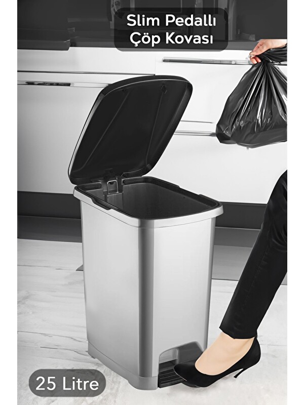 Meleni Home Pedallı Banyo Mutfak Çöp Kovası Kapaklı Slim Pedallı Çöp Kovası 25Litre