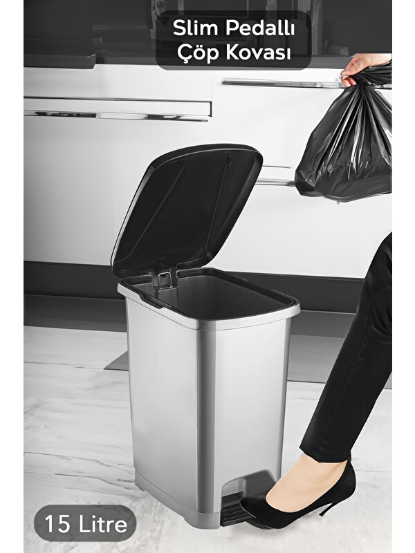 Meleni Home Pedallı Banyo Mutfak Çöp Kovası Kapaklı Slim Pedallı Çöp Kovası 15 Litre
