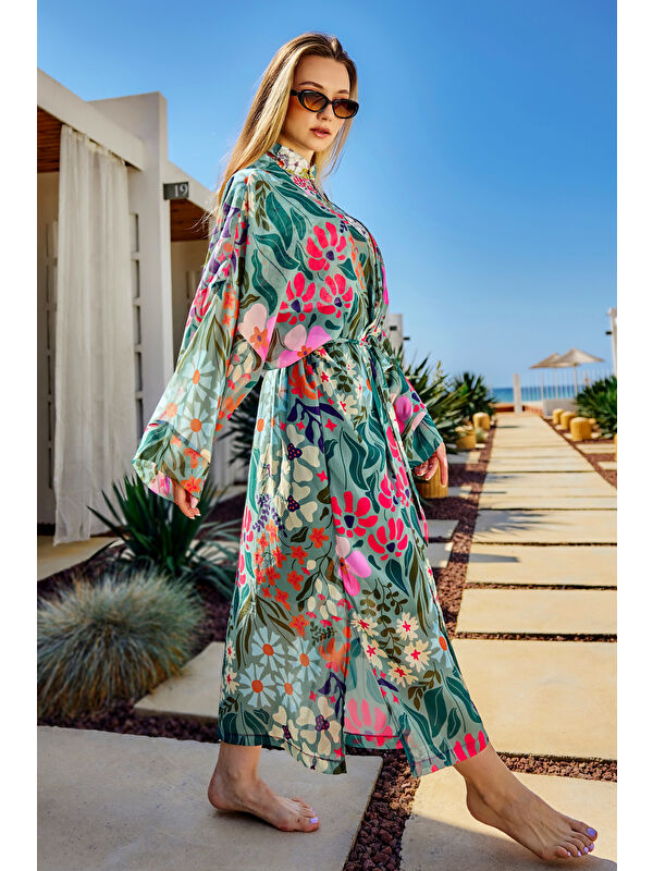 Remsa Mayo Remsa Tesettür Mayo Üzerine Tek Kaftan Kimono Pareo Yeşil RP026 Patara