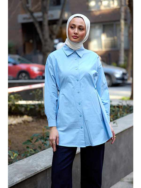 Locco Moda Kadın Yanları Düğme Detaylı Gömlek Mavi