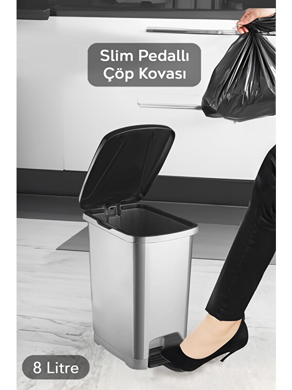 Meleni Home Pedallı Banyo Mutfak Çöp Kovası Kapaklı Slim Pedallı Çöp Kovası 8 Litre