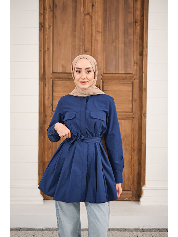 Locco Moda Kadın Çift Cep Detay Gizli Düğmeli Bel Bağlamalı Gömlek Lacivert