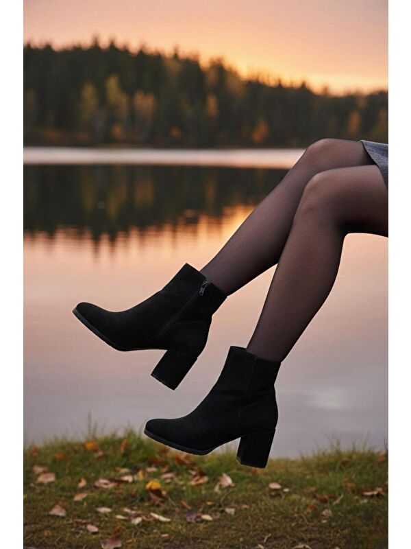 Kadın Liva Siyah Süet Düz Topuklu Kısa Bot - Görsel 2