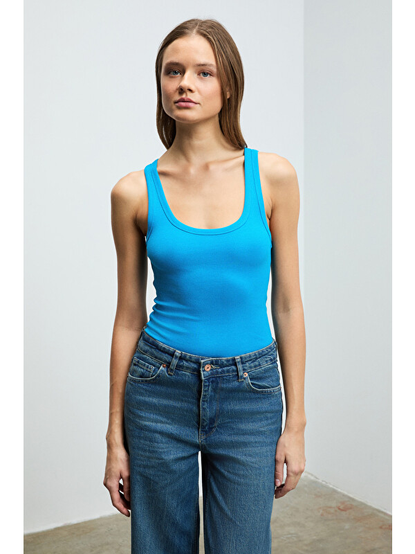 ETHIQUET LILLESOL Kadın Fitilli Görünümlü Slim Fit Vücuda Oturan Havuz Yakalı Pamuklu Basic MAVİ Atlet