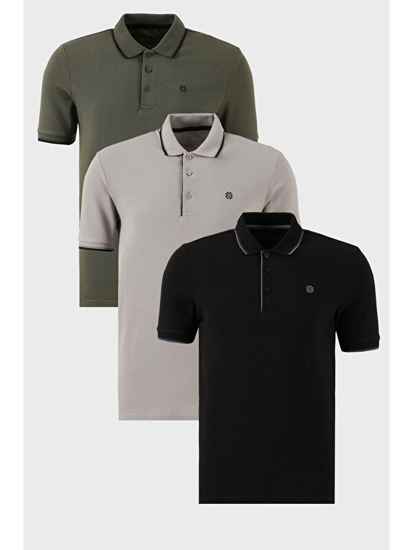 Buratti Pamuklu Slim Fit Şerit Detaylı Düğmeli Polo Yaka 3'lü Paket %100 Pamuk Tişört 5902118S3