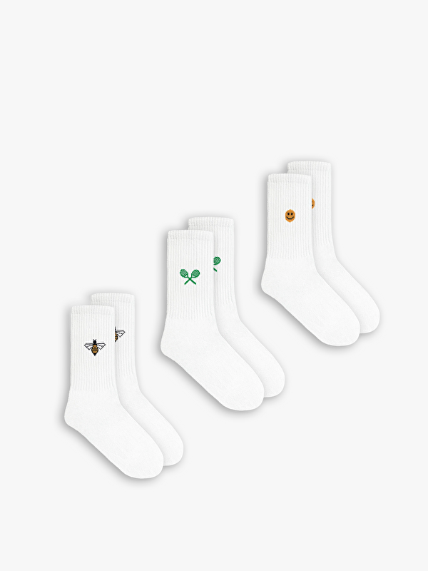Abluka Online Unisex Emoji Desen Baskılı 3'Lü Uzun Kolej Tenis Soket Çorap Beyaz