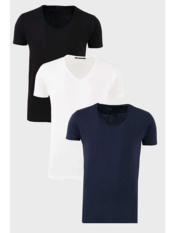 Buratti Pamuklu Slim Fit V Yaka Baskılı 3'lü Paket %100 Pamuk Tişört 541S31
