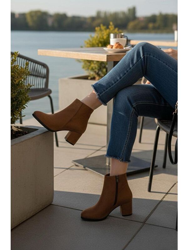 Kadın Liva Taba Süet Düz Topuklu Kısa Bot - Görsel 4