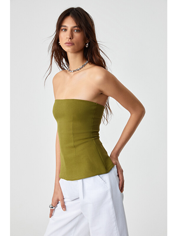 GRIMELANGE ORIANA Kadın Slim Fit Straplez YEŞİL Bluz