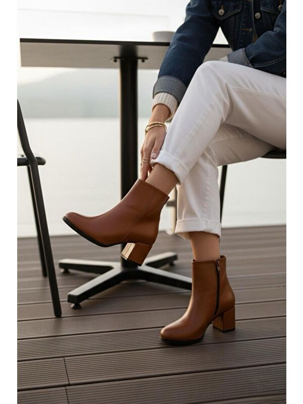Kadın Liva Taba Cilt Düz Topuklu Kısa Bot - Görsel 2