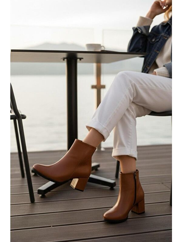 Kadın Liva Taba Cilt Düz Topuklu Kısa Bot - Görsel 3